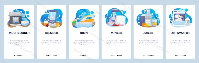 Home appliances and kitchen electronics. Iron multicooker blender other cooking appliances. Mobile app screens. Vector banner template for website and mobile development. Web site design illustration.