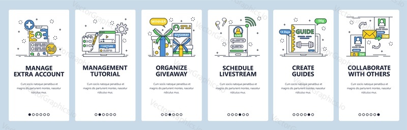 Business project management tools. Manage account, organize giveaway, schedule livestream. Mobile app screens. Vector banner template for website and mobile development. Web site design illustration.