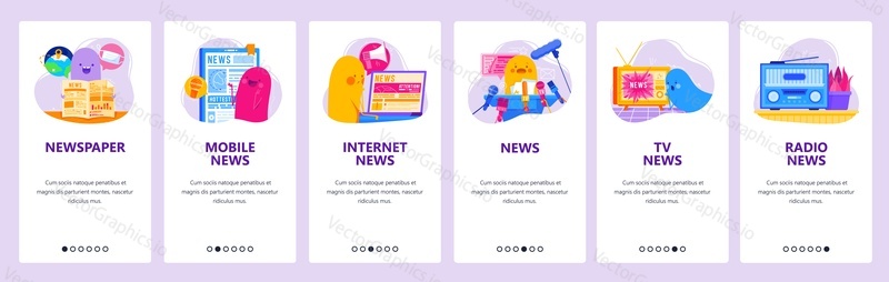 Print newspaper, radio, tv and online news. Types of news media. Mobile app onboarding screens. Vector banner template for website and mobile development. Web site design illustration.