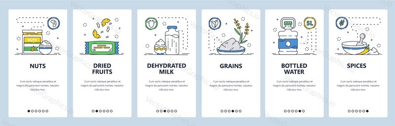 Food delivery service. Nuts, dried fruits, bottled water, graines, milk, spices. Mobile app onboarding screens. Vector banner template for website and mobile development. Web site design illustration.