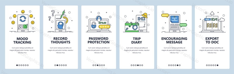 Thought tracking website and mobile app onboarding screens. Menu banner vector template for web site and application development. Mood tracking, thought recording, trip diary, password protection etc.