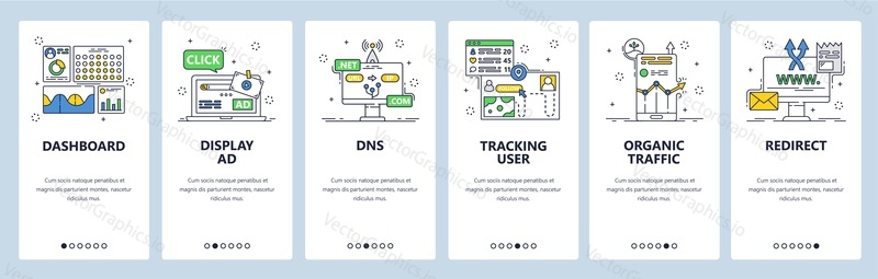 User activity monitoring app. Dashboard, dns, organic traffic. Action tracking mobile app onboarding screens. Vector banner template for website and mobile development. Web site design illustration.