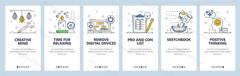 Creative mind, positive thinking. Remove digital devices and relax. Mobile app onboarding screens. Vector banner template for website and mobile development. Web site design illustration.
