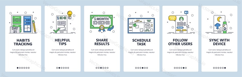 Habit tracking website and mobile app onboarding screens. Menu banner vector template for web site and application development. Helpful tips for good habits formation, scheduling tasks other functions