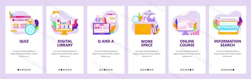 Online course, quiz, digital library, information search, distance education. Mobile app onboarding screens. Vector banner template for website and mobile development. Web site design illustration.
