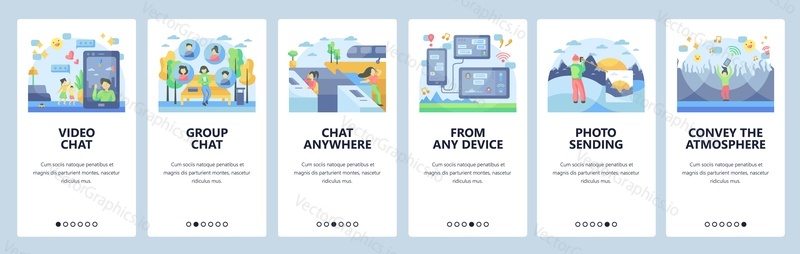 Messaging website and mobile app onboarding screens. Menu banner vector template for web site and application development. Text, voice and video chat, photo sending, group chat features.