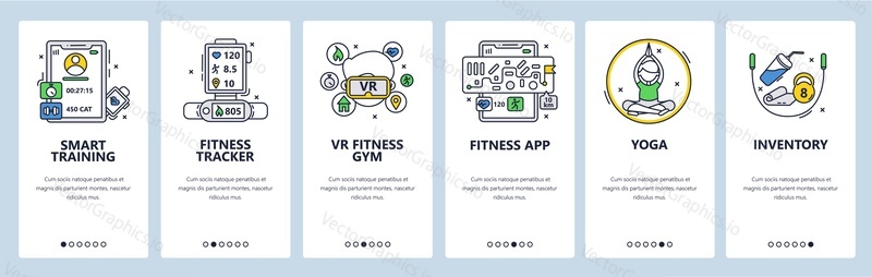 Smart training. Fitness tracking app, virtual reality gym, yoga, sport inventory. Mobile app onboarding screens. Vector banner template for website and mobile development. Web site design illustration