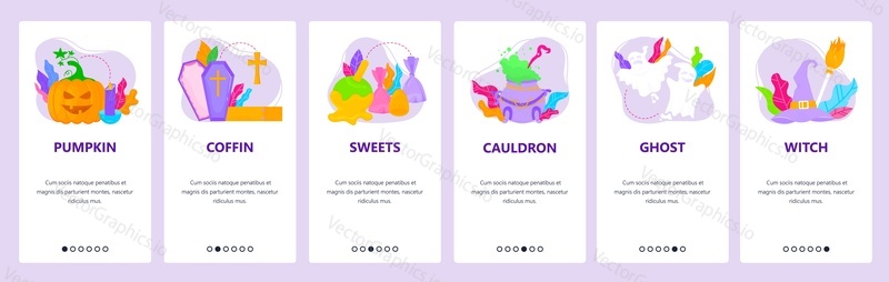 Halloween party. Pumpkin, coffin, sweets, cauldron, ghost, witch, Happy Halloween symbols. Mobile app screens. Vector banner template for website and mobile development. Web site design illustration.