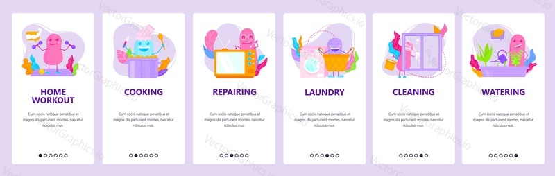 Home activity. Cooking, laundry, cleaning, repairing, watering houseplants, home workout. Mobile app screens. Vector banner template for website and mobile development. Web site design illustration.