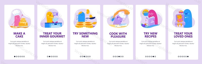 Cooking courses, culinary show, online cooking recipe, food blog. Mobile app onboarding screens. Vector banner template for website and mobile development. Web site design illustration.