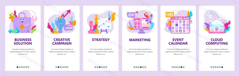 Creative campaign, business strategy and solution, marketing, cloud computing. Mobile app onboarding screens. Vector banner template for website and mobile development. Web site design illustration.