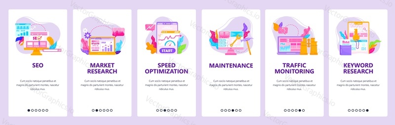 Seo optimization, traffic monitoring, digital marketing and keyword research. Mobile app onboarding screens. Vector banner template for website and mobile development. Web site design illustration.