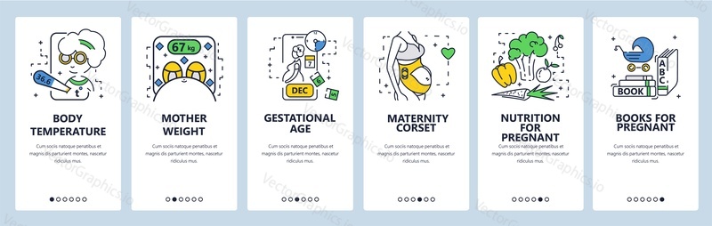 Pregnancy tracking app. Prenatal care, nutrition, maternity corset for pregnant women. Mobile app screens. Vector banner template for website and mobile development. Web site design illustration.