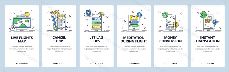 Travel website and mobile app onboarding screens. Menu banner vector template for web site and application development. Live flight map, meditation during flight, jet lag tips, other trip necessities.