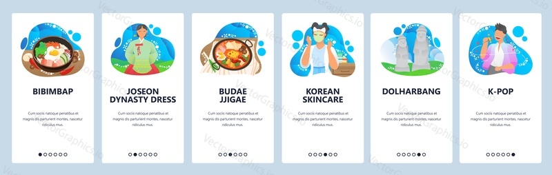South Korea website and mobile app onboarding screens. Menu banner vector template for web site and application development. Traditional korean dress, food, korean skincare products, dolharbang park.