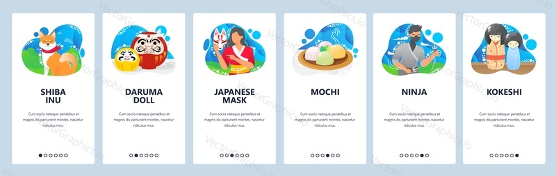 Japanese culture website and mobile app onboarding screens. Menu banner vector template for web site and application development. Japanese traditional Daruma and Kokeshi dolls, masks, shiba inu dog.