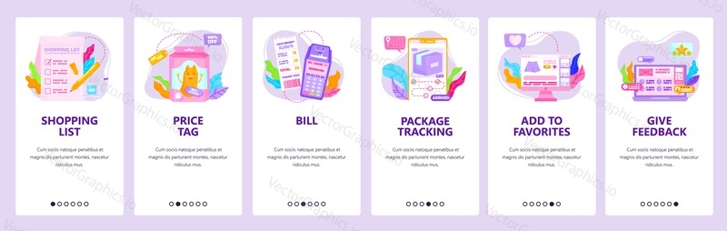 Internet store, online shopping list, package tracking, add to favorites, give feedback. Mobile app screens. Vector banner template for website and mobile development. Web site design illustration.