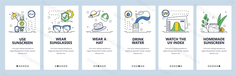 Healthy sunbathing tips. Use sunscreen, wear sunglasses and hat, drink water. Mobile app onboarding screens. Vector banner template for website and mobile development. Web site design illustration.