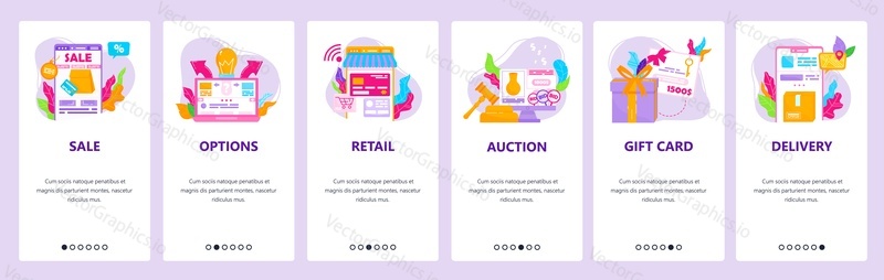 Online shopping and delivery, retail, online sales and discounts, gift cards. Mobile app onboarding screens. Vector banner template for website and mobile development. Web site design illustration.