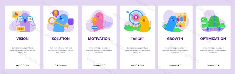Business project vision, target, solution, financial growth, business motivation. Mobile app onboarding screens. Vector banner template for website and mobile development. Web site design illustration