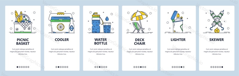 Summer picnic accessories web site and mobile app onboarding screens. Menu banner vector template for website and application development. Picnic basket, cooler, water bottle, deck chair, skewer.