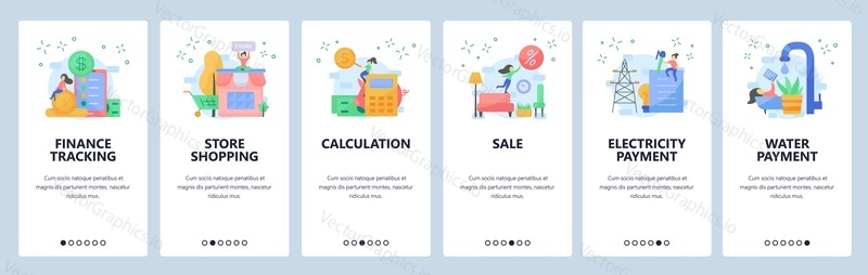 Finance tracking website and mobile app onboarding screens. Menu banner vector template for web site and application development. Personal finances, shopping expenses, water and electricity payments.