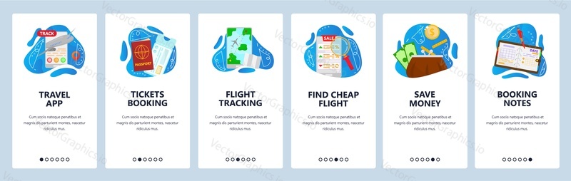 Travel website and mobile app onboarding screens. Menu banner vector template for web site and application development. Tickets booking, flight tracking, cheap flight, booking notes, saving money.