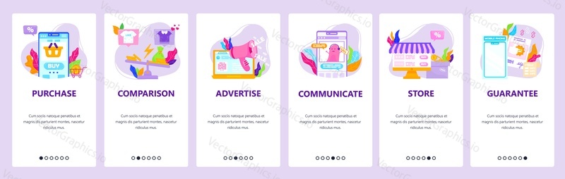 Online store, mobile shopping, ecommerce, internet purchases, advertising, guarantee. Mobile app screens. Vector banner template for website and mobile development. Web site design illustration.