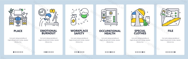 Workplace safety, special protective clothes, occupational health. Mobile app onboarding screens. Vector banner template for website and mobile development. Web site design illustration.