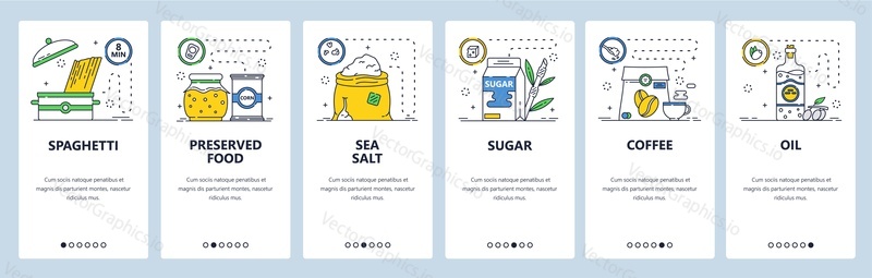 Food supply app. Spaghetti, sea salt, sugar, coffee, oil, preserves. Food delivery service. Mobile app screens. Vector banner template for website and mobile development. Web site design illustration.