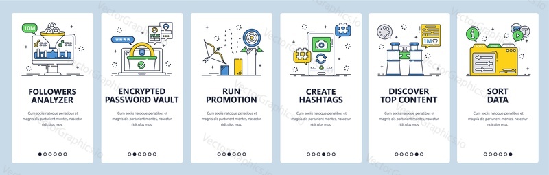 Management tools to boost business growth. Followers analyzer run promotion create hashtags. Mobile app screens. Vector banner template for website and mobile development. Web site design illustration