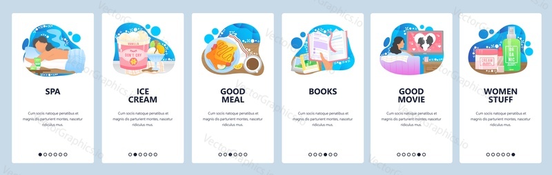 Spa, ice cream, good meal, movie, shopping for cosmetics. Tips to deal with women sadness. Mobile app screens. Vector banner template for website and mobile development. Web site design illustration.
