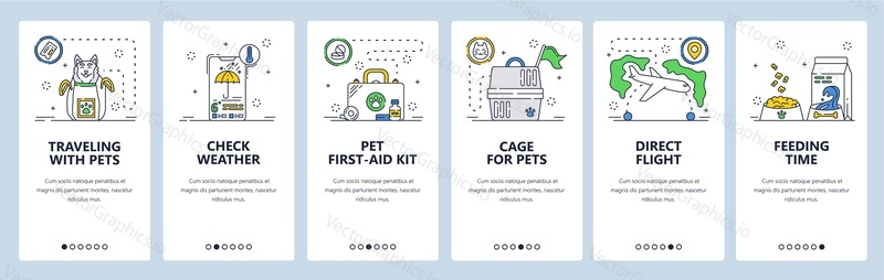 Pet travel tips. Prepare cage, take pet first aid kit, choose direct flight. Mobile app onboarding screens. Vector banner template for website and mobile development. Web site design illustration.