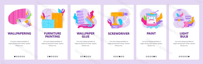 Furniture painting and wallpapering tools. Home repairs and paint. Mobile app onboarding screens. Vector banner template for website and mobile development. Web site design illustration.