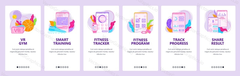 Smart training, fitness tracker, virtual reality gym. Mobile app onboarding screens. Vector banner template for website and mobile development. Web site design illustration.
