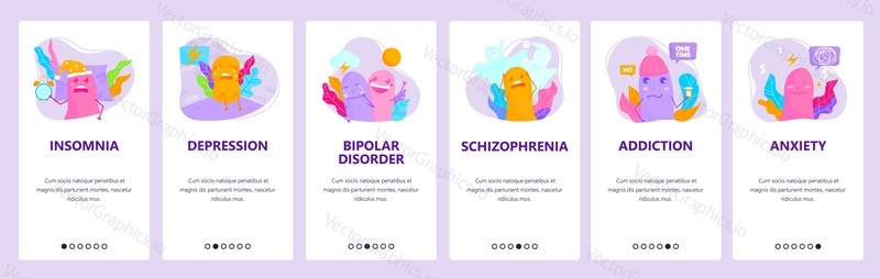 Mental disorders. Insomnia, depression, addiction, schizophrenia, anxiety. Mobile app onboarding screens. Vector banner template for website and mobile development. Web site design illustration.