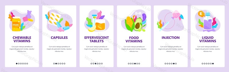 Chewable, liquid, food vitamins, capsules, effervescent tablets, injection. Mobile app onboarding screens. Vector banner template for website and mobile development. Web site design illustration.