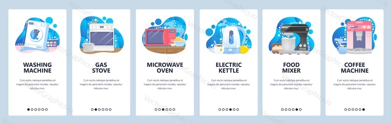 Kitchen and home appliances. Washing machine, kitchen electronics for cooking needs. Mobile app screens. Vector banner template for website and mobile development. Web site design illustration.