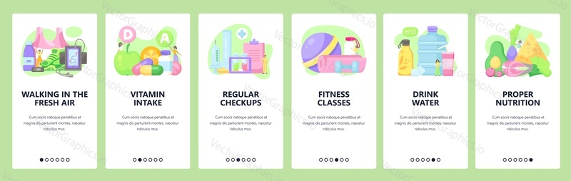 Healthy lifestyle. Medical checkup, outdoor walks and fitness, vitamins, healthy nutrition. Mobile app screens. Vector banner template for website and mobile development. Web site design illustration.
