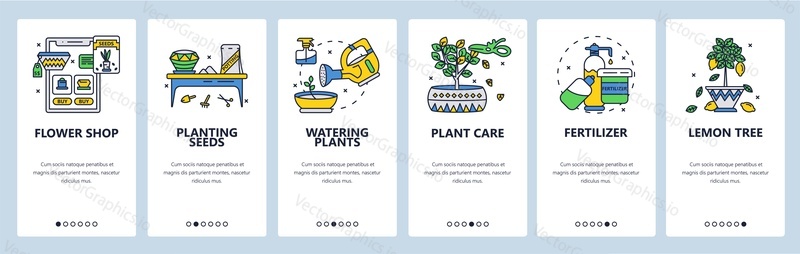 Caring for flowers, planting seeds and watering houseplants. Flower shop. Mobile app onboarding screens. Vector banner template for website and mobile development. Web site design illustration.