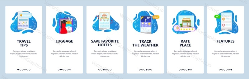 Travel tips website and mobile app onboarding screens. Menu banner vector template for web site and application development. Pack suitcase, track the weather, save favorite hotels other travel advice.