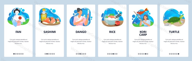 Japan website and mobile app onboarding screens. Menu banner vector template for web site and application development. Traditional japanese food sashimi, sweet rice dango, kori carp. Culture in Japan.