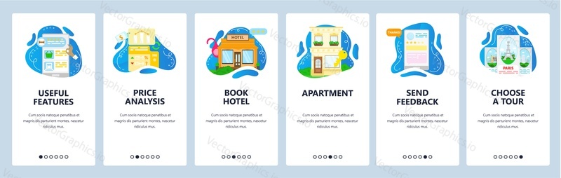 Travel website and mobile app onboarding screens. Menu banner vector template for web site and application development. Hotel booking, price analysis, choosing travel tour for summer vacation.