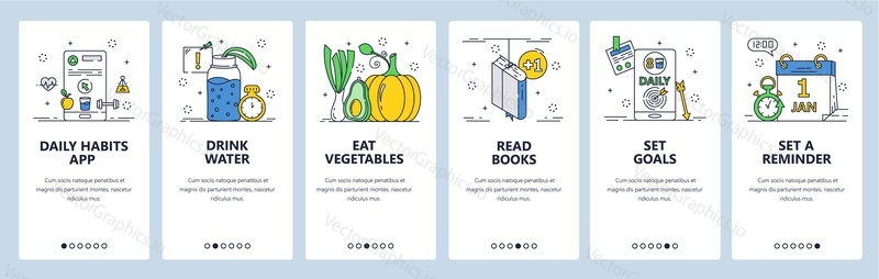 Daily habits website and mobile app onboarding screens. Menu banner vector template for web site and application development. Set reminder, goals and form healthy habits eat vegetables, drink water.