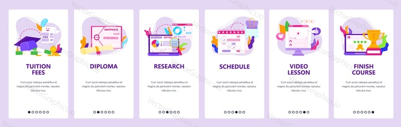 Online education, finish course, diploma research and graduation, tuition fees. Mobile app onboarding screens. Vector banner template for website and mobile development. Web site design illustration.