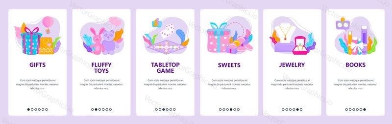 Online gifts. Fluffy toys, tabletop games, sweets, jewelry, books. Mobile app onboarding screens. Vector banner template for website and mobile development. Web site design illustration.