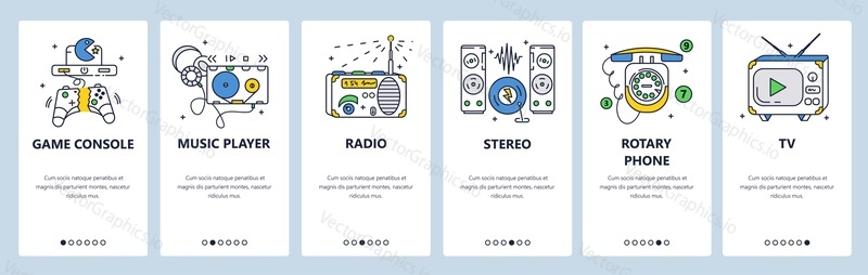 Vintage electronics, audio equipment, game console, rotary phone. Retro electronic devices. Mobile app screens. Vector banner template for website and mobile development. Web site design illustration.