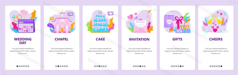 Wedding day, cake, invitation, gifts, church, champagne. Mobile app onboarding screens. Vector banner template for website and mobile development. Web site design illustration.