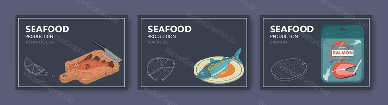Seafood production website banner template set, vector illustration. Atlantic cod, mackerel, salmon fish. Seafood industry landing page concept.