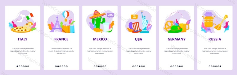 Travel to Italy France Mexico USA Germany Russia. World famous landmarks, cuisine, culture. Mobile app screens. Vector banner template for website and mobile development. Web site design illustration.